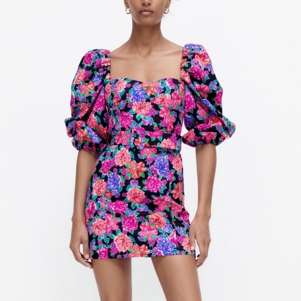 Zara Pink Floral Heart Neckline Puff Sleeve Belted Romantic Mini Dress